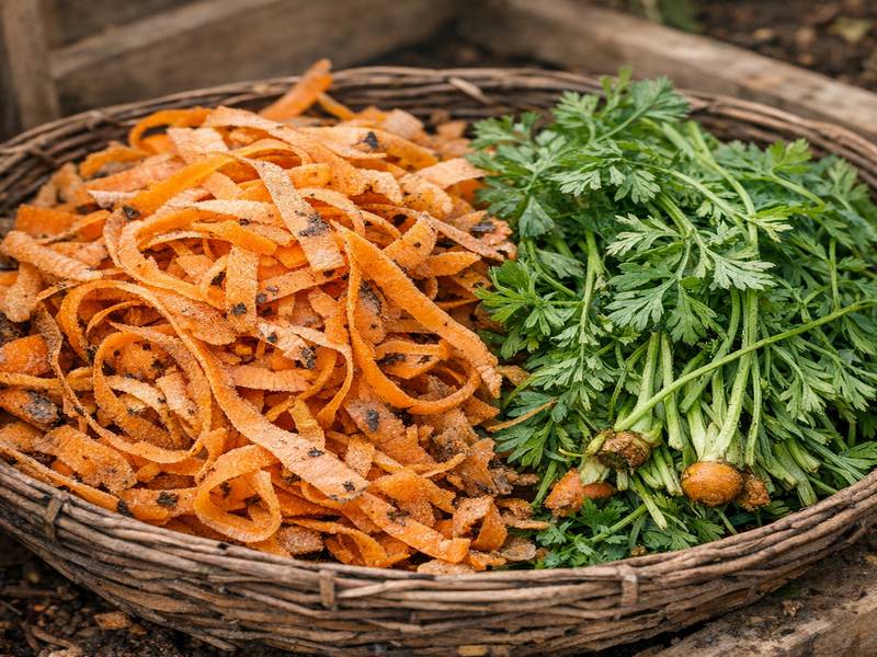 Épluchures de carottes et fanes prêtes à être compostées