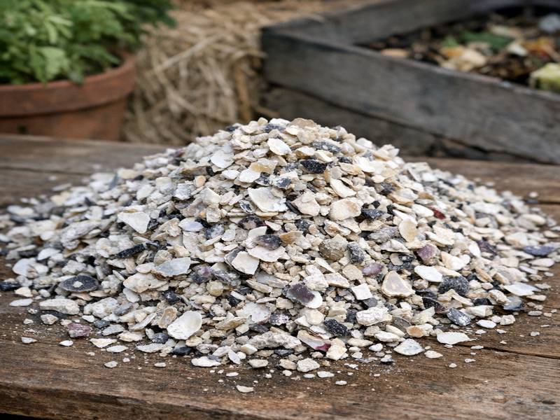 Coquilles d'huîtres concassées prêtes à être utilisées au jardin ou dans le compost