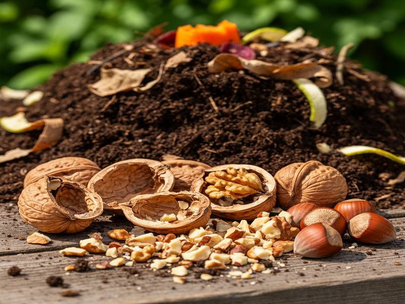 Coquilles de noix et noisettes concassées prêtes à être intégrées au tas de compost