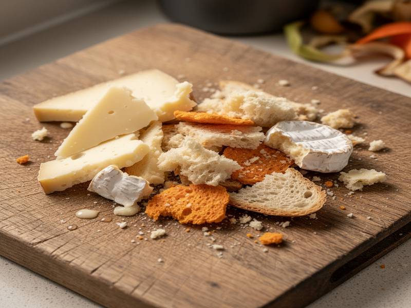 Restes de fromage et croûtes sur une planche, avant compostage