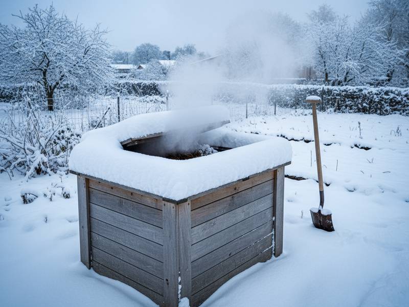Composteur couvert de neige en hiver avec vapeur indiquant l'activité