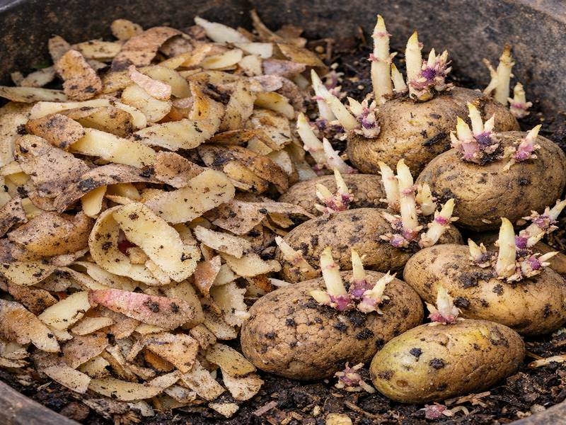 Épluchures de pommes de terre et pommes de terre germées prêtes à être compostées