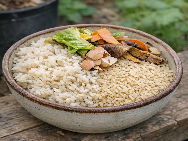 Riz cuit et riz cru dans un bol, prêts à être compostés