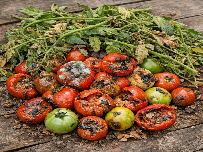 Tomates abîmées et fanes de tomates prêtes à être compostées