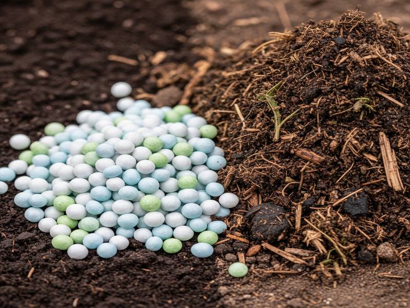 Granulés d'engrais chimiques à côté d'un tas de compost naturel