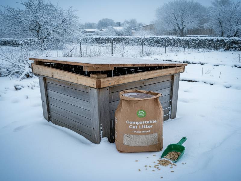 Litière végétale compostable et petite pelle à côté d'un composteur