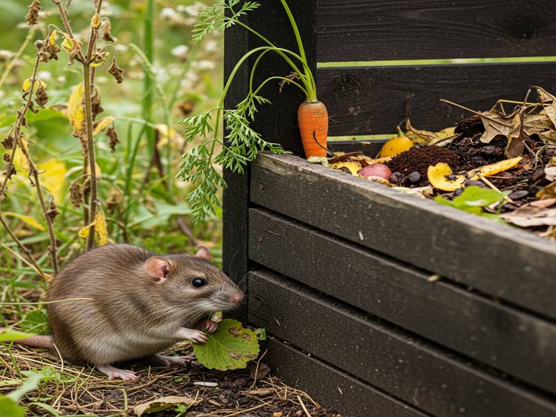 Un rat brun près d'un composteur ouvert, soulignant la nécessité de mesures préventives