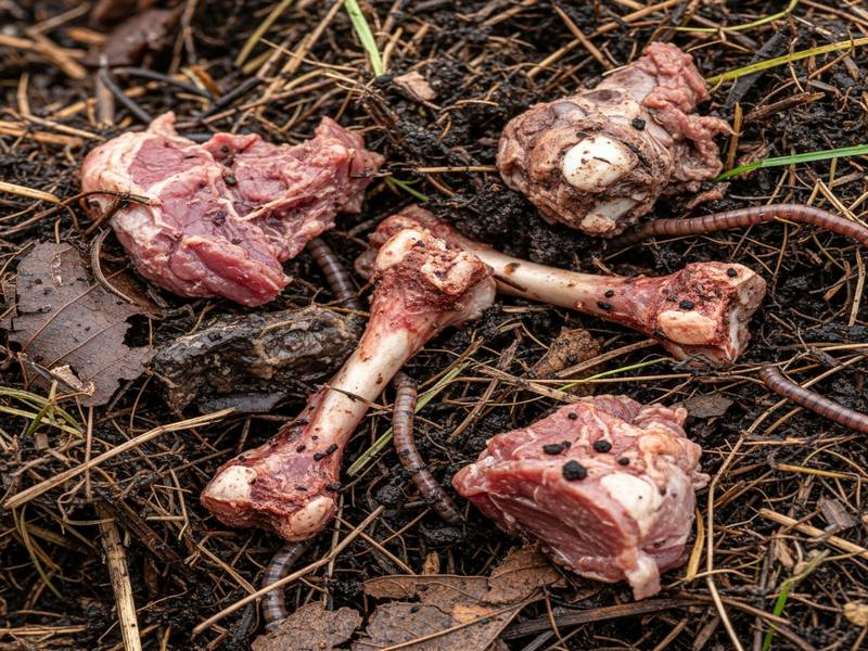 Petits restes de viande et d'os dans un tas de compost