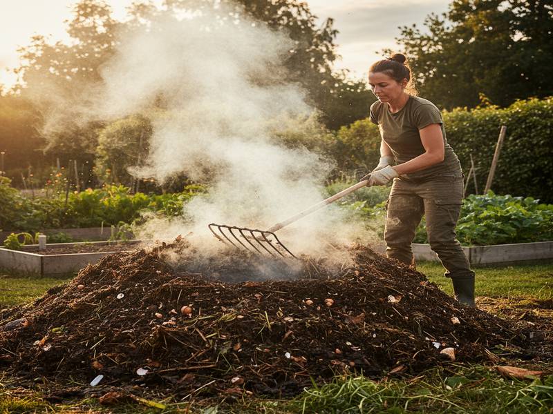 Personne retournant un compost chaud et fumant, signe d'une décomposition rapide et active