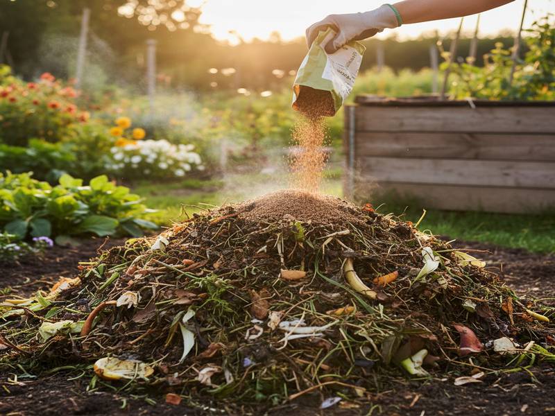 Main versant un activateur de compost naturel sur un tas de matières organiques