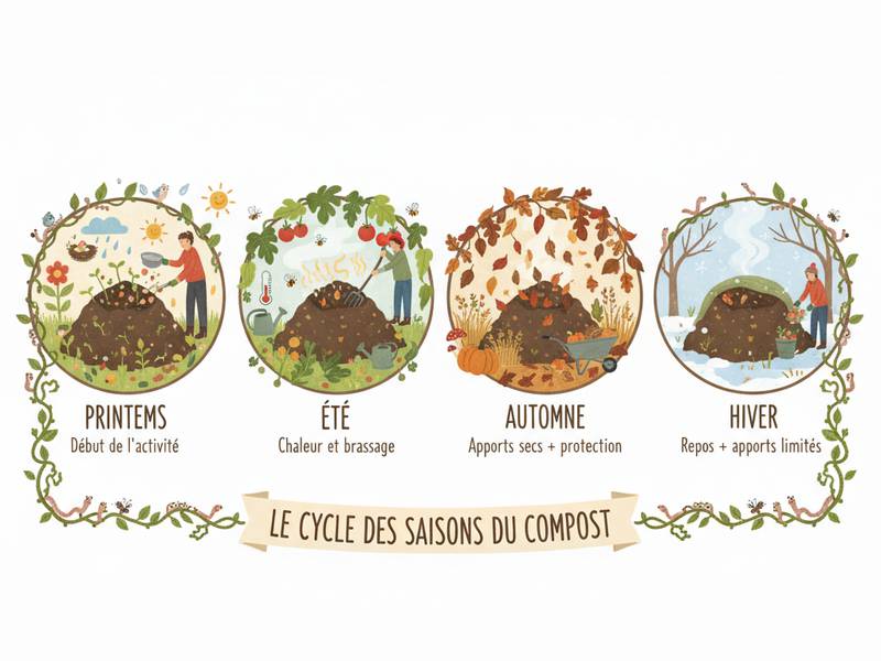 Illustration des 4 saisons du compostage : printemps, été, automne, hiver