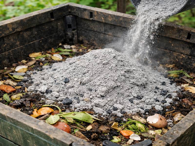 Cendres de bois grises versées dans un composteur