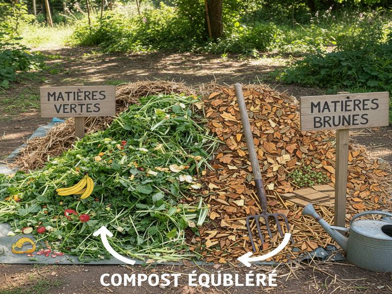 Illustration des matières vertes (épluchures, tonte) et brunes (feuilles mortes, carton) pour un compost équilibré
