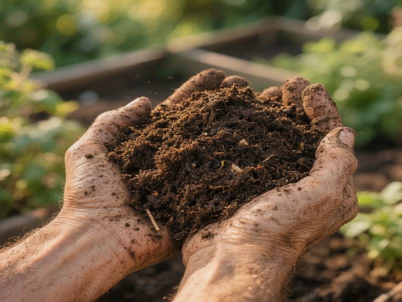 Mains tenant du compost mûr, sombre et friable, prêt à être utilisé au jardin