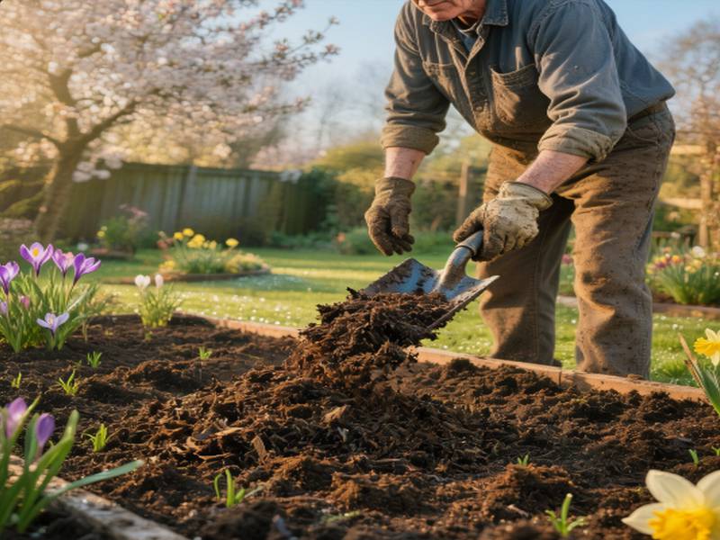 Jardinier épandant du compost mûr sur un parterre de fleurs au printemps, signe de renouveau