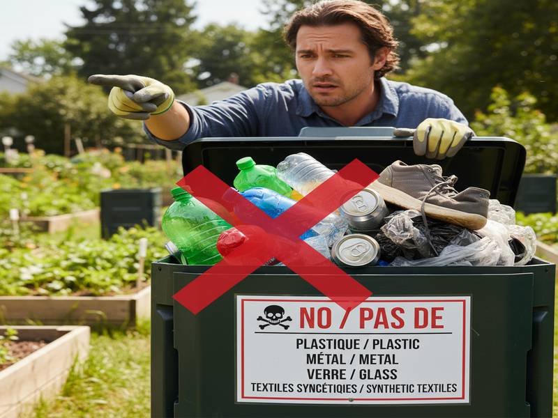 Personne montrant des déchets inappropriés dans un composteur, symbolisant les erreurs à éviter