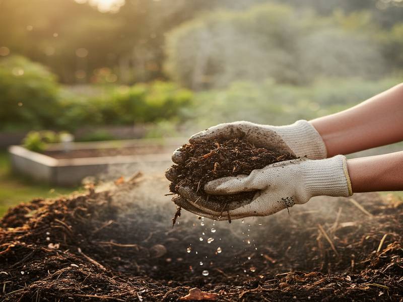 Mains pressant du compost légèrement humide, illustrant la consistance idéale d'une éponge essorée