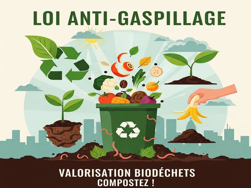 Affiche symbolisant la loi anti-gaspillage et un composteur, représentant la valorisation des biodéchets