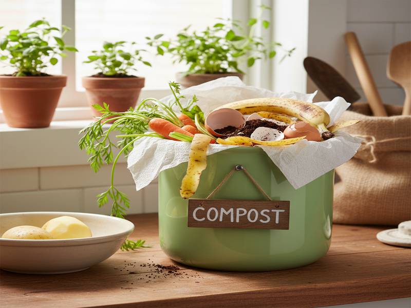 Une petite poubelle de cuisine remplie d'épluchures prête pour le compost