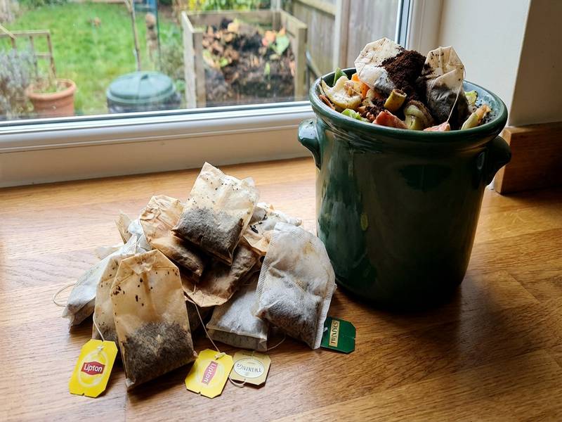 Sachets de thé usagés posés à côté d'un bac de compost