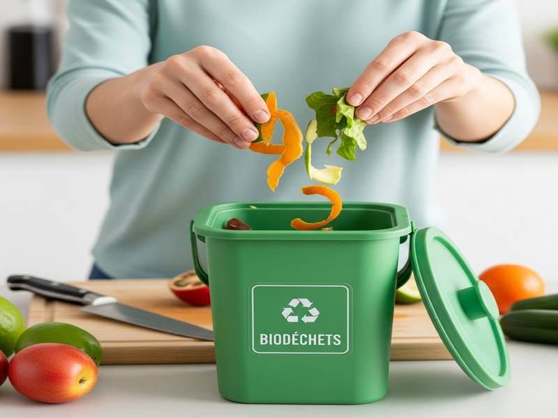 Mains déposant des épluchures dans un bio-seau, symbolisant le tri obligatoire des biodéchets