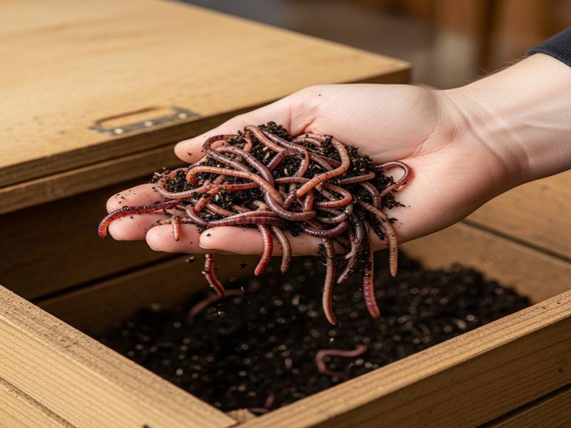 Une main tenant des vers de compost rouges prêts à être introduits dans un lombricomposteur