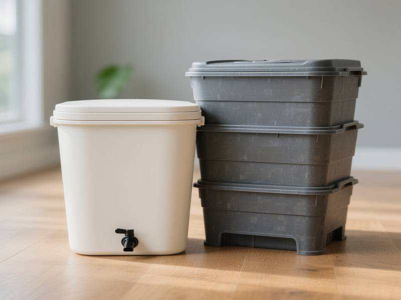 Un seau Bokashi et un lombricomposteur côte à côte, symbolisant leur synergie