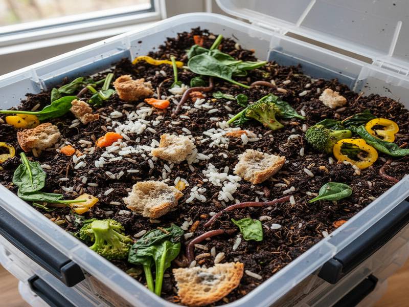 Reste de riz, de légumes et de pain séché pour le lombricompostage