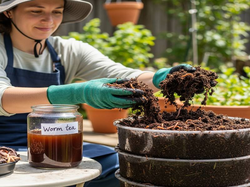Une personne vérifiant l'humidité et l'état du substrat dans un lombricomposteur en intérieur