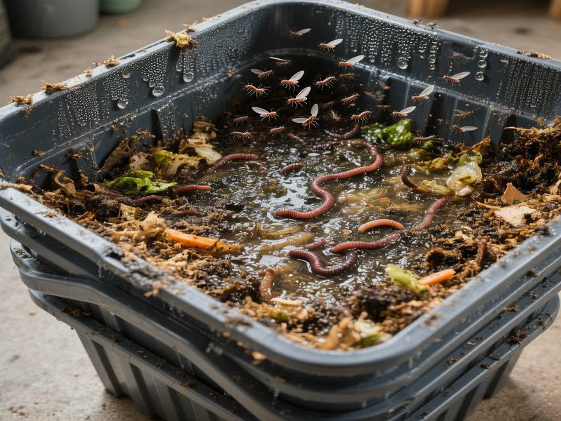Un lombricomposteur avec des signes de problèmes comme des moucherons ou une humidité excessive