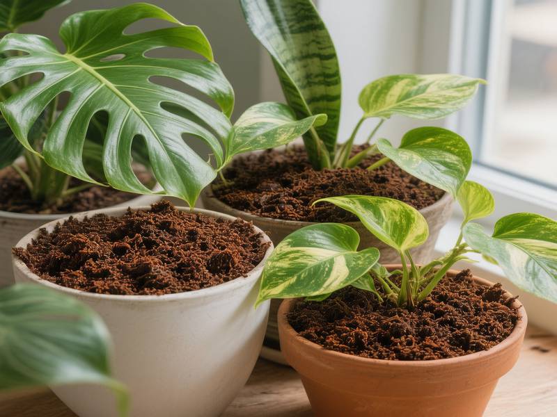 Des plantes d'intérieur luxuriantes avec du lombricompost visible dans les pots