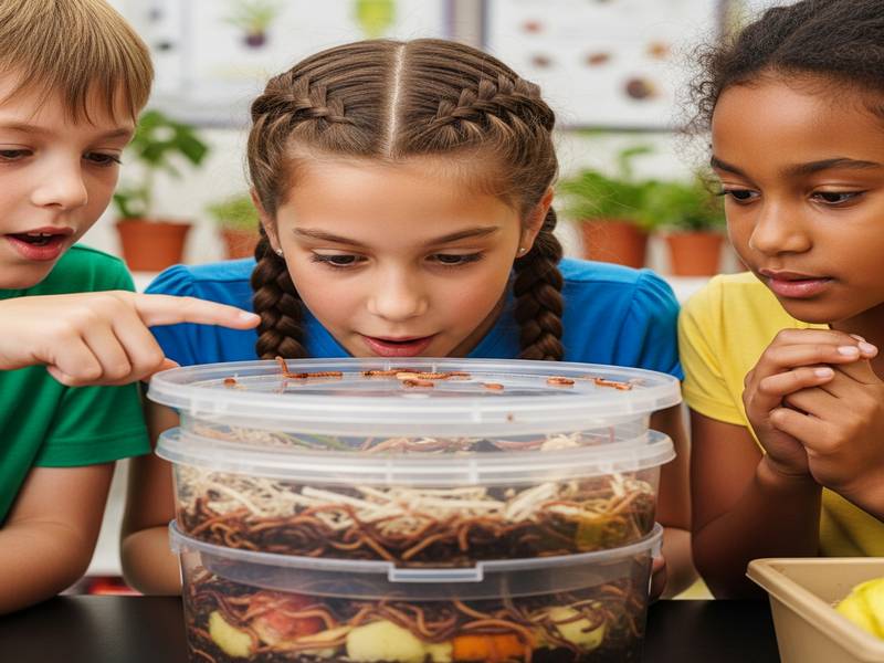 Des enfants curieux observant des vers de terre dans un lombricomposteur éducatif
