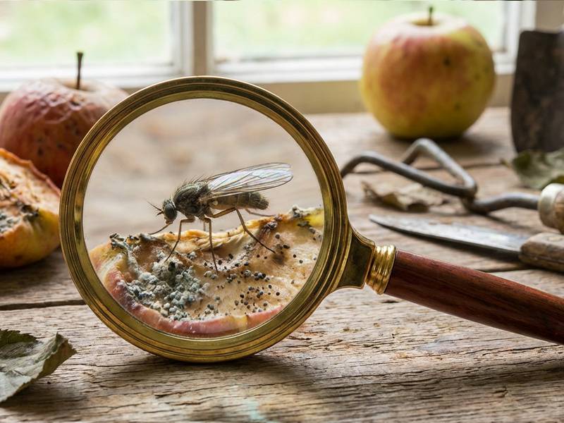 Loupe montrant un moucheron sur un morceau de fruit en décomposition
