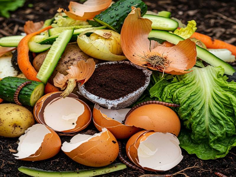 Un assortiment de déchets de cuisine (épluchures, marc de café) prêts à être donnés aux vers