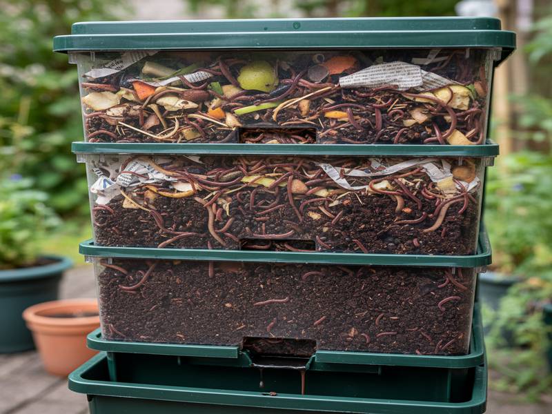 Un lombricomposteur avec des vers de terre en train de décomposer des déchets organiques, produisant du lombricompost riche et sombre.