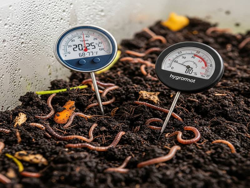Un thermomètre et un hygromètre plantés dans un lombricomposteur sain