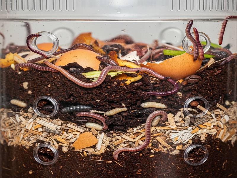 Différents types de vers de compost dans un lombricomposteur
