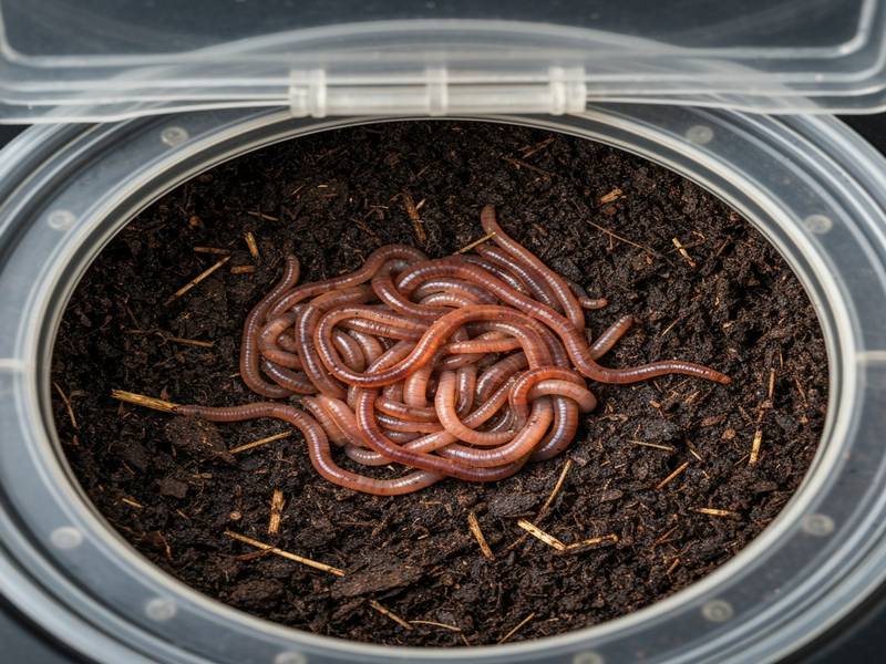 Vers de compost agglutinés sous le couvercle du lombricomposteur
