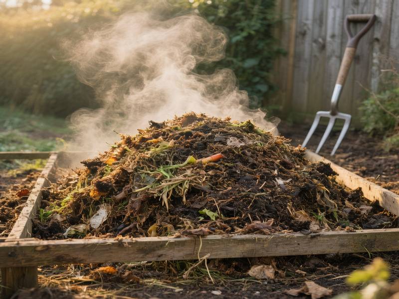 Compost fumant légèrement dans le froid de l'hiver