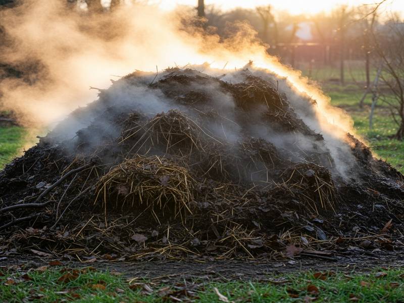 Tas de compost en 'hot composting' dégageant de la vapeur