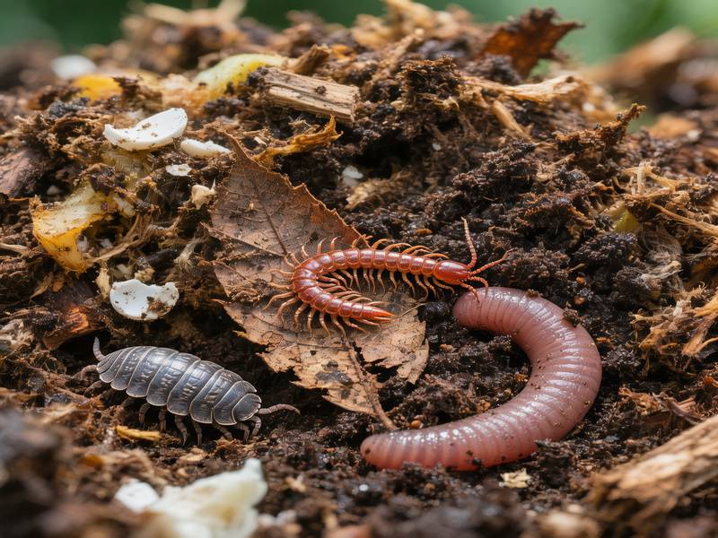 Divers insectes dans un compost sain